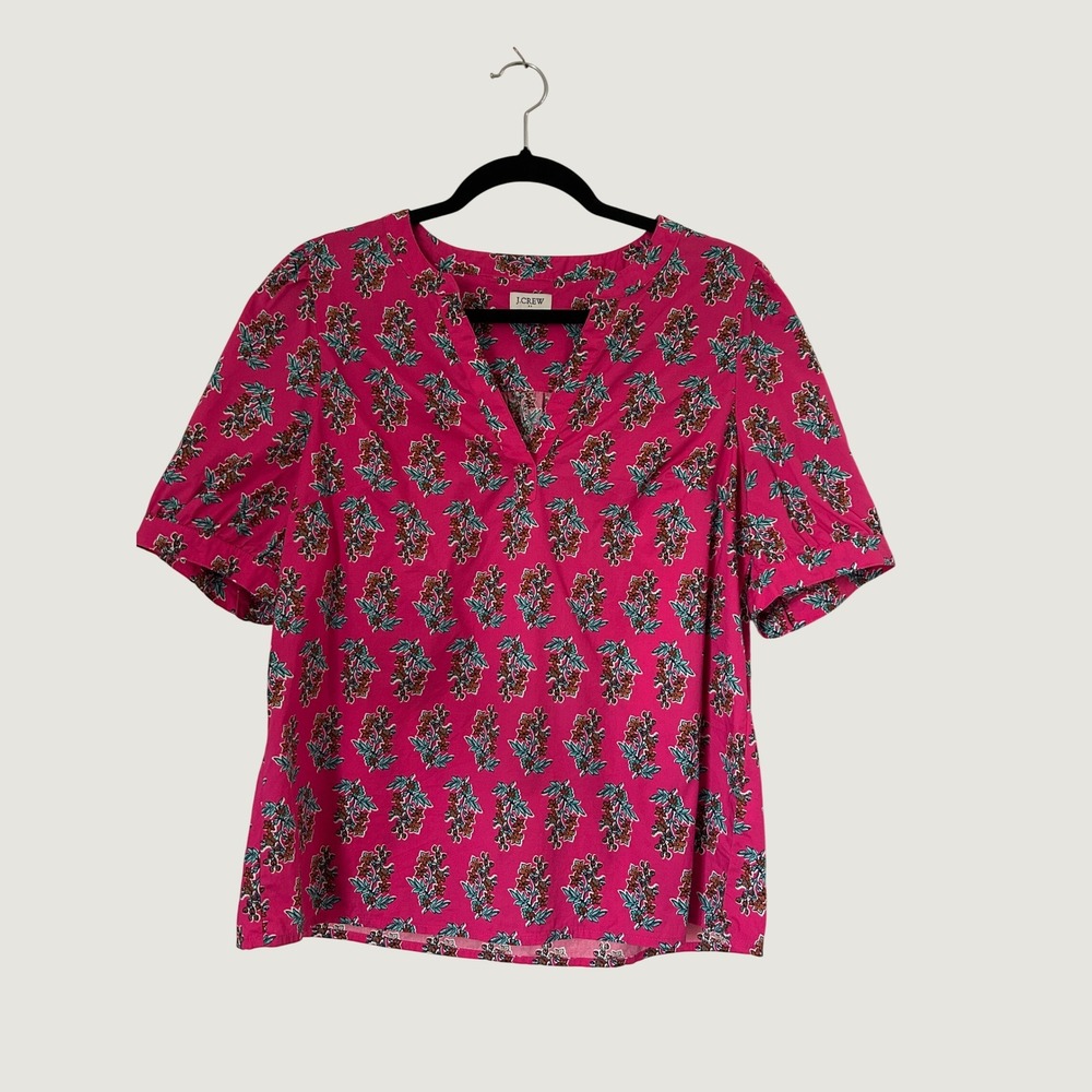 J.Crew Printed Short Sleeve Poplin Top Womens M Pink Floral Split Neck Casual
